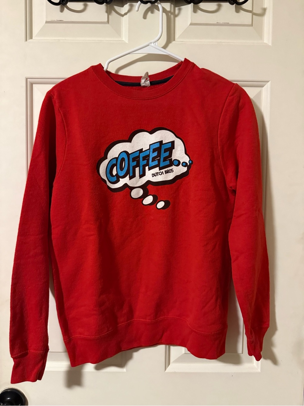 Dutch Bros Red Crewneck Sweatshirt with Blue 'COFFEE' Graphic